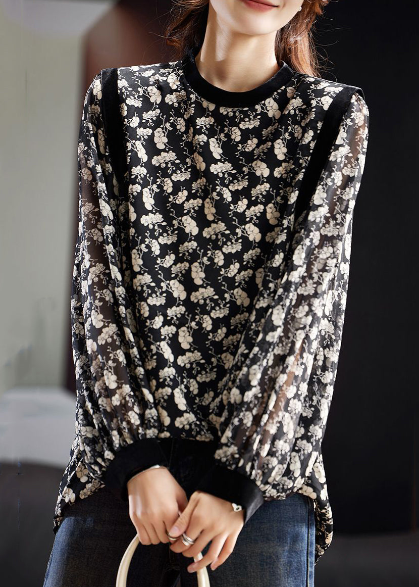 Stylish Black Fall Print Blouse Chiffon O Neck FashionChic