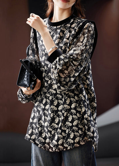 Stylish Black Fall Print Blouse Chiffon O Neck FashionChic