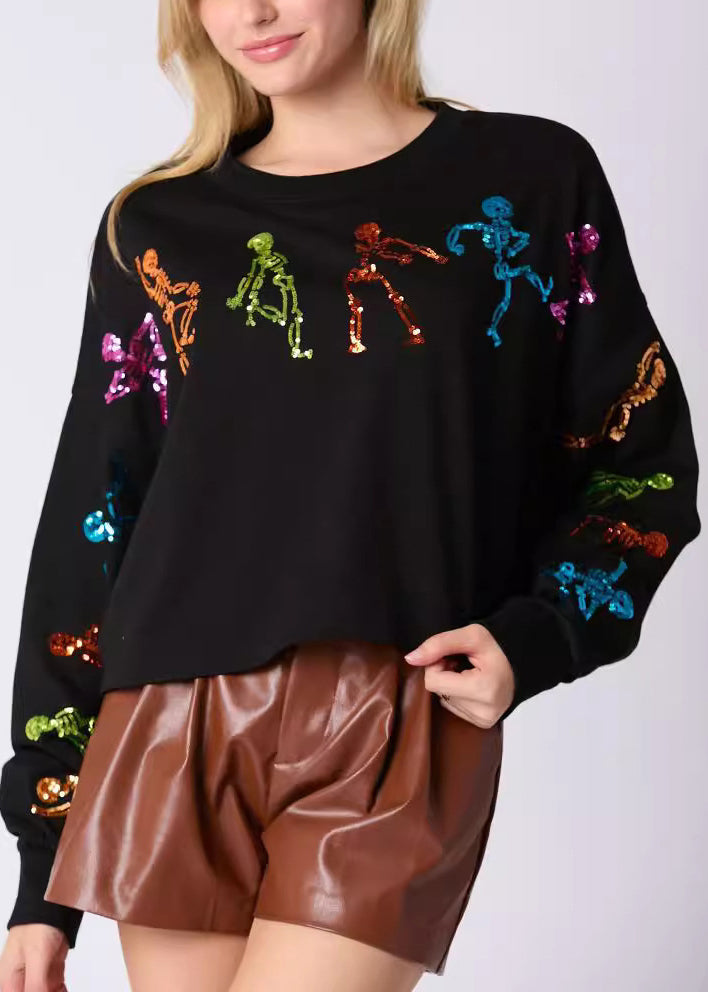 Stylish Black O Neck Sequins Cotton Sweatshirt Fall AE1002 OM-HW240901