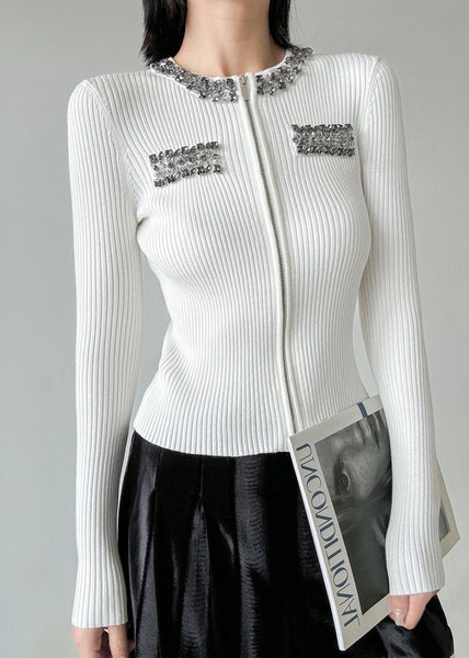 Stylish Black O-Neck Zip Up Zircon Wool Cardigans Spring TY003