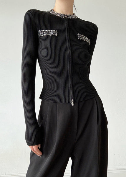 Stylish Black O-Neck Zip Up Zircon Wool Cardigans Spring TY003
