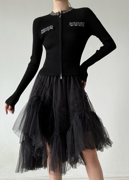 Stylish Black O-Neck Zip Up Zircon Wool Cardigans Spring TY003