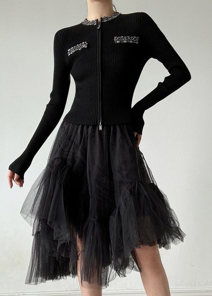 Stylish Black O-Neck Zip Up Zircon Wool Cardigans Spring TY003