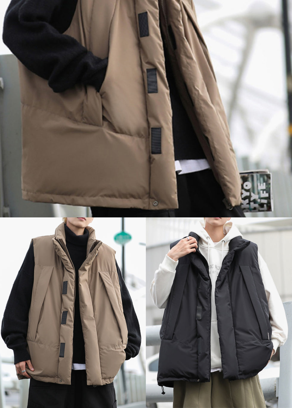 Stylish Black Oversized Drawstring Fine Cotton Filled Men Puffer Vests Winter TK023