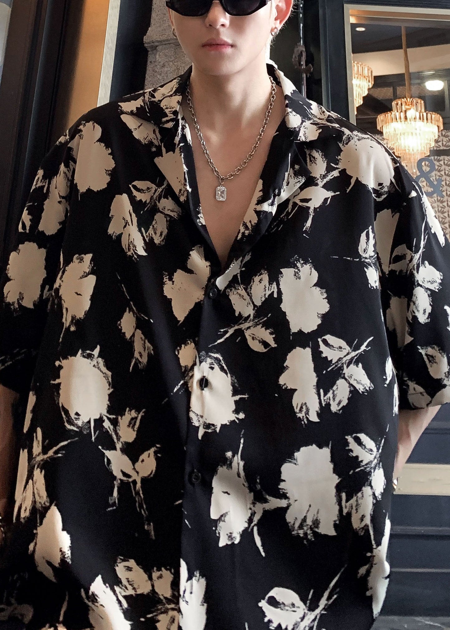 Black Stylish Men Pan Button Cotton Peter Collar Shirts Print FashionChic