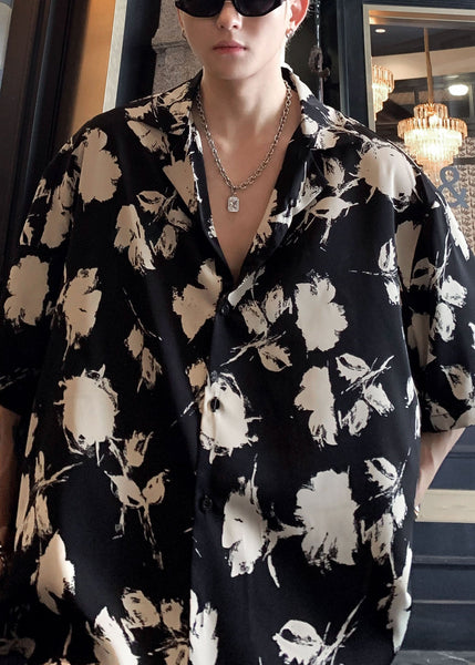 Black Stylish Men Pan Button Cotton Peter Collar Shirts Print FashionChic