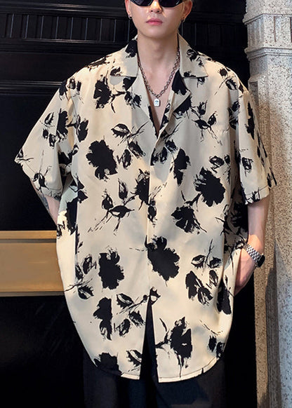 Black Stylish Men Pan Button Cotton Peter Collar Shirts Print FashionChic