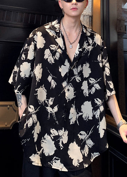 Black Stylish Men Pan Button Cotton Peter Collar Shirts Print FashionChic