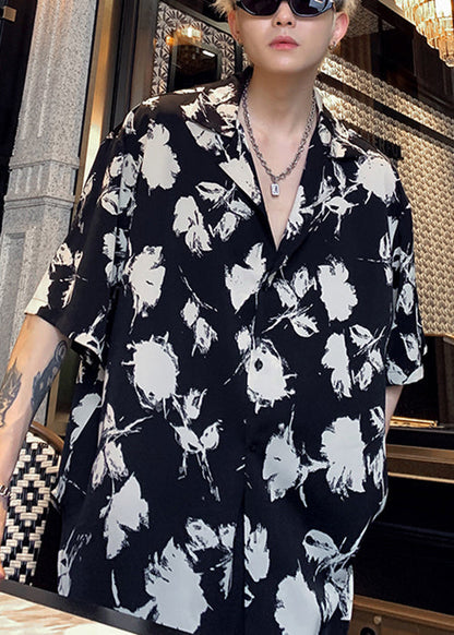 Black Stylish Men Pan Button Cotton Peter Collar Shirts Print FashionChic