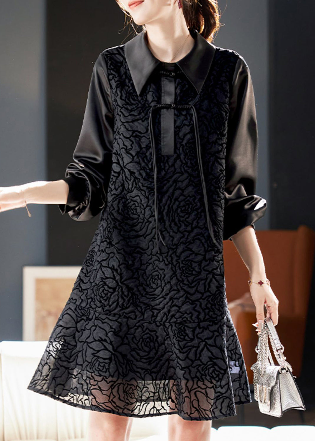 Stylish Black Peter Pan Collar Button Shirts Dress Spring RL040 ABC