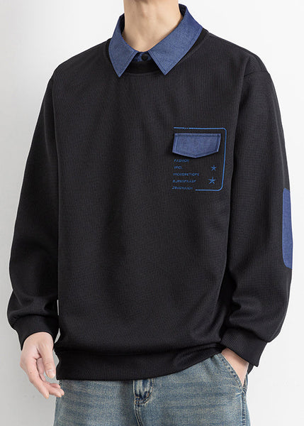 Pieces False Cotton Stylish Peter Patchwork Black Pan Collar Two FashionChic