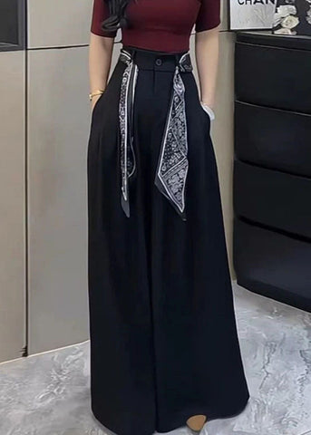 Wide Leg Stylish Pants Waist Black Spandex Fall High Pockets FashionChic