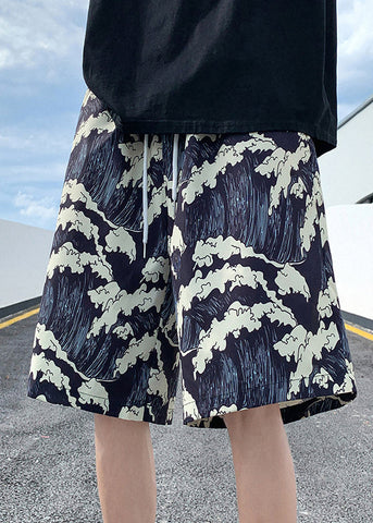 Summer Black Men Ice Stylish Print Silk Elastic Waist Shorts FashionChic