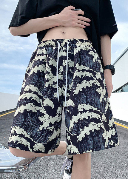 Summer Black Men Ice Stylish Print Silk Elastic Waist Shorts FashionChic