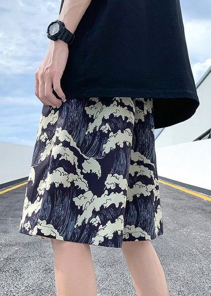 Summer Black Men Ice Stylish Print Silk Elastic Waist Shorts FashionChic