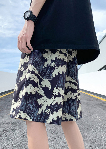 Summer Black Men Ice Stylish Print Silk Elastic Waist Shorts FashionChic