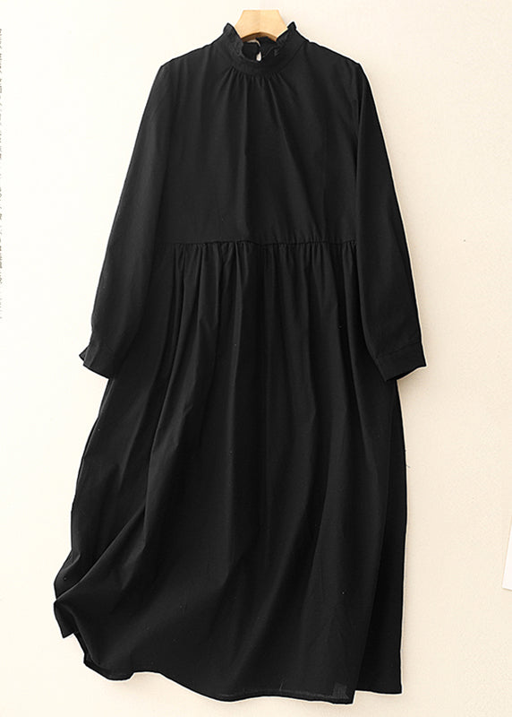 Black Dress Cotton Long Stylish Ruffled Spring FashionChic