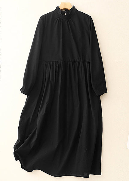 Black Dress Cotton Long Stylish Ruffled Spring FashionChic
