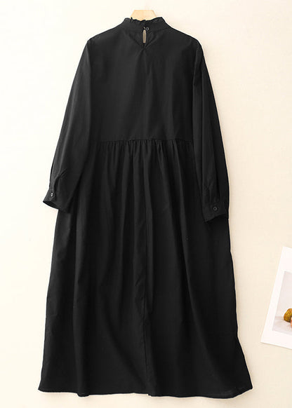 Black Dress Cotton Long Stylish Ruffled Spring FashionChic