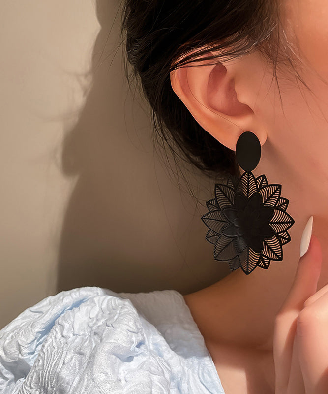 Stylish Black Sterling Silver Alloy Hollow Out Floral Drop Earrings WH002 JEW-SDL241116