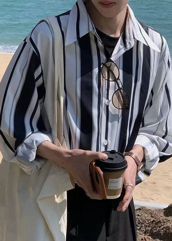 Men Striped Spring Cotton Button Black Shirts Stylish FashionChic