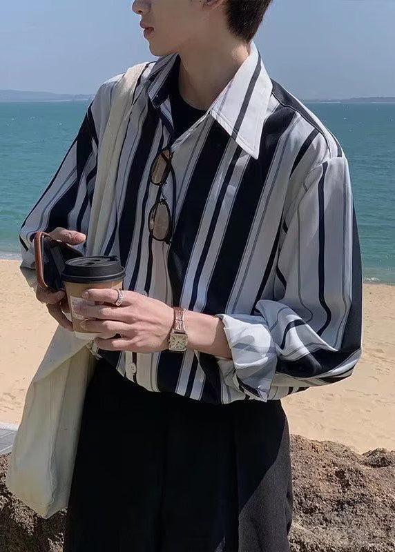 Men Striped Spring Cotton Button Black Shirts Stylish FashionChic