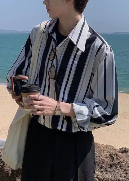 Men Striped Spring Cotton Button Black Shirts Stylish FashionChic