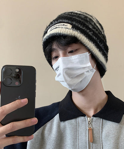 Stylish Black Striped Cotton Knit Men Bonnie Hat TK032
