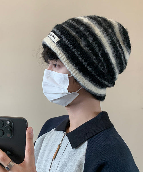 Stylish Black Striped Cotton Knit Men Bonnie Hat TK032