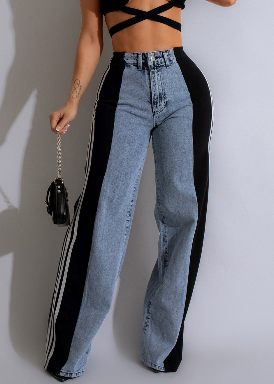 Striped Pants Black Stylish Denim Spring Patchwork FashionChic