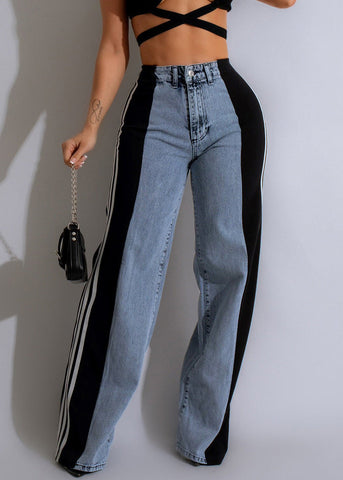 Striped Pants Black Stylish Denim Spring Patchwork FashionChic