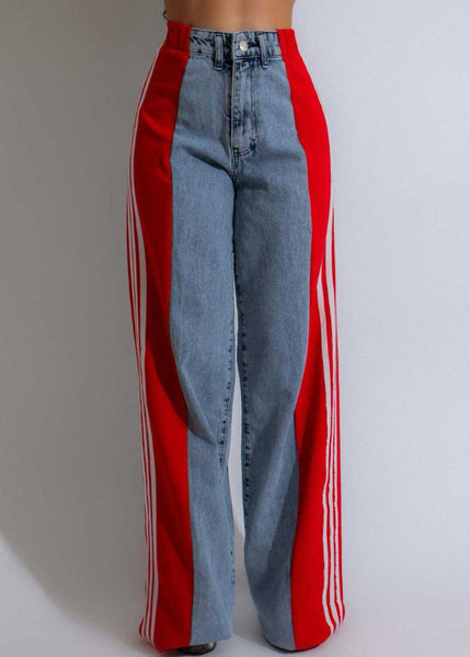 Striped Pants Black Stylish Denim Spring Patchwork FashionChic