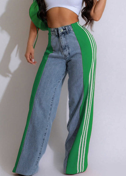 Striped Pants Black Stylish Denim Spring Patchwork FashionChic