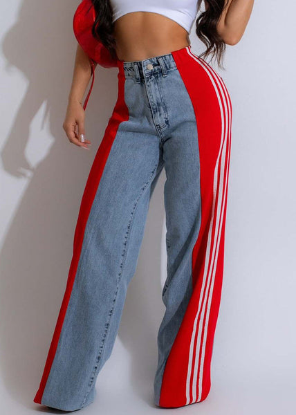 Striped Pants Black Stylish Denim Spring Patchwork FashionChic