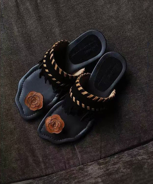 Stylish Black Tasseled Splicing Flip Flops Slide Sandals AG1015 shoe-CS240905