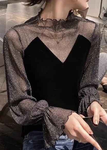 Stylish Black Tulle Patchwork Silk Velour Blouses Flare Sleeve WM020 ABC