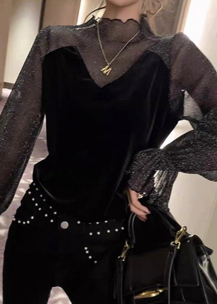 Stylish Black Tulle Patchwork Silk Velour Blouses Flare Sleeve WM020 ABC