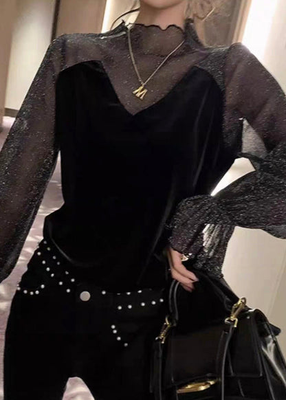 Stylish Black Tulle Patchwork Silk Velour Blouses Flare Sleeve WM020 ABC