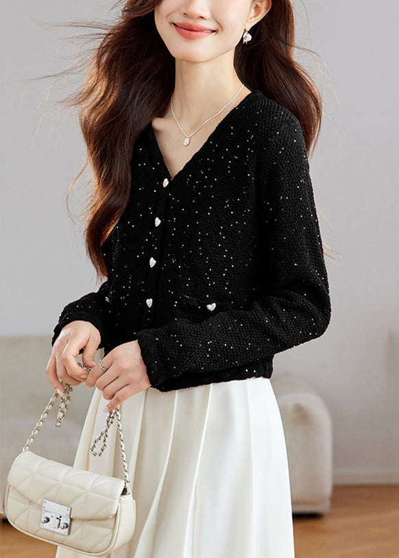 Stylish Black V Neck Button Sequins Wool Knit Cardigans Fall QS016 OM-BB241010