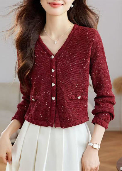 Stylish Black V Neck Button Sequins Wool Knit Cardigans Fall QS016 OM-BB241010