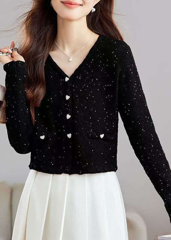 Stylish Black V Neck Button Sequins Wool Knit Cardigans Fall QS016 OM-BB241010