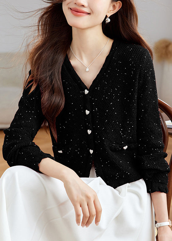 Stylish Black V Neck Button Sequins Wool Knit Cardigans Fall QS016 OM-BB241010