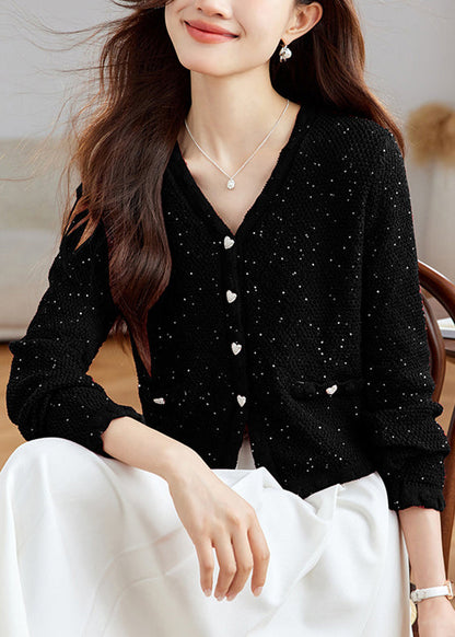 Stylish Black V Neck Button Sequins Wool Knit Cardigans Fall QS016 OM-BB241010