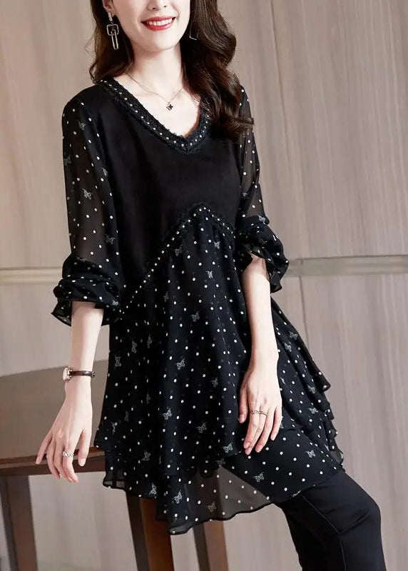 Black Print Stylish Dot V Neck Flare Chiffon Shirt Patchwork FashionChic