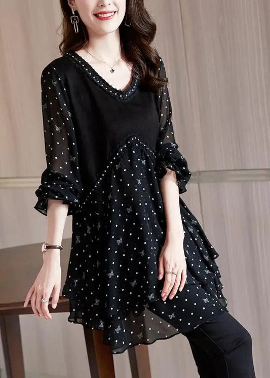Black Print Stylish Dot V Neck Flare Chiffon Shirt Patchwork FashionChic