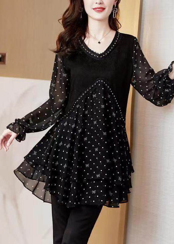 Black Print Stylish Dot V Neck Flare Chiffon Shirt Patchwork FashionChic