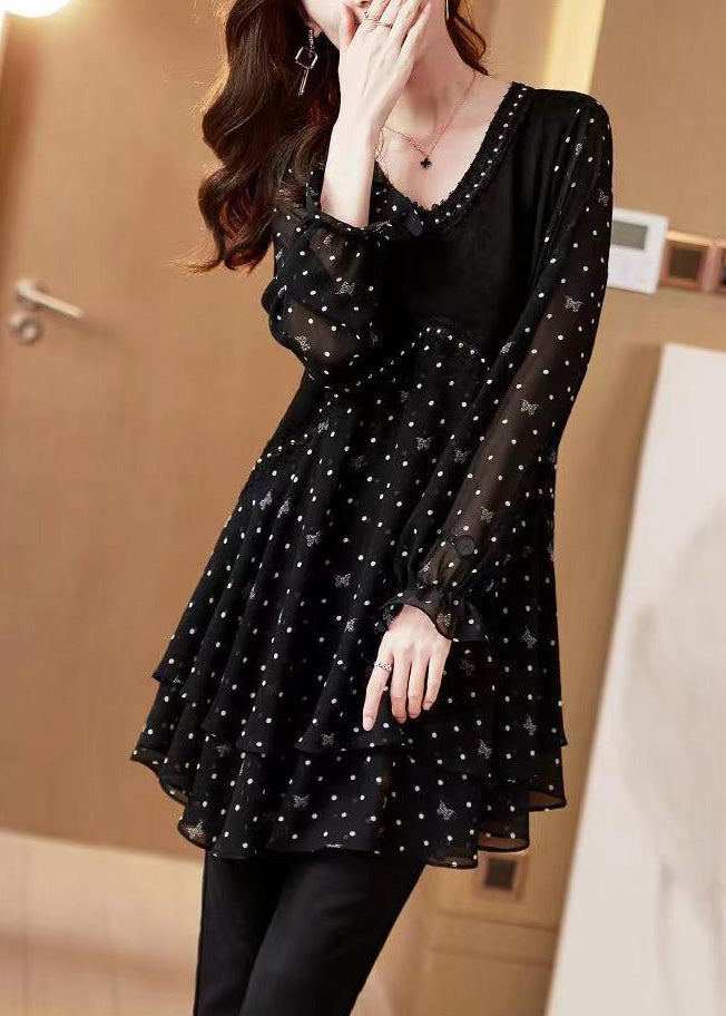 Black Print Stylish Dot V Neck Flare Chiffon Shirt Patchwork FashionChic