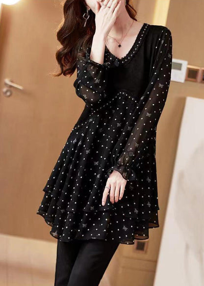 Black Print Stylish Dot V Neck Flare Chiffon Shirt Patchwork FashionChic