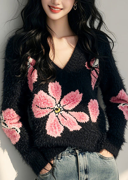 Stylish Black V Neck Floral Ma Hai Mao Knit Sweater Spring TN034 ABC