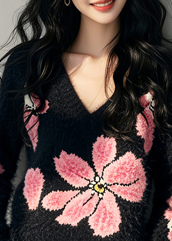 Stylish Black V Neck Floral Ma Hai Mao Knit Sweater Spring TN034 ABC